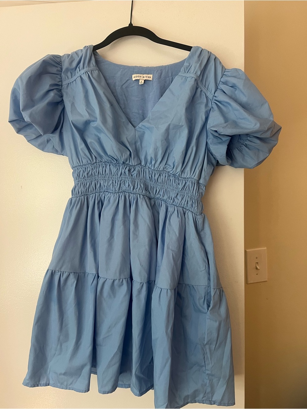 Moon River Light Blue Puff-Sleeve Mini Dress